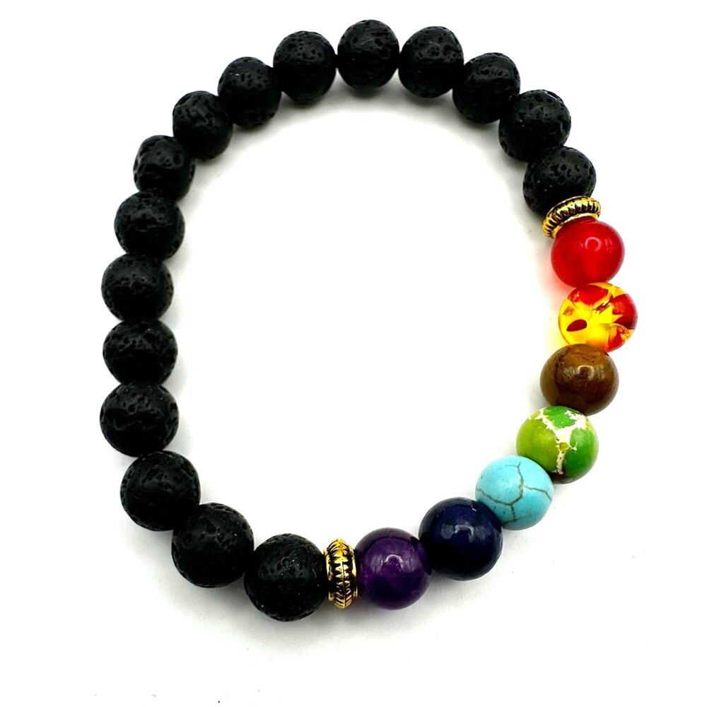 Chakra Bracelet Stretch Lava Stone Gold Beaded Boho Beads Inspirational Energy